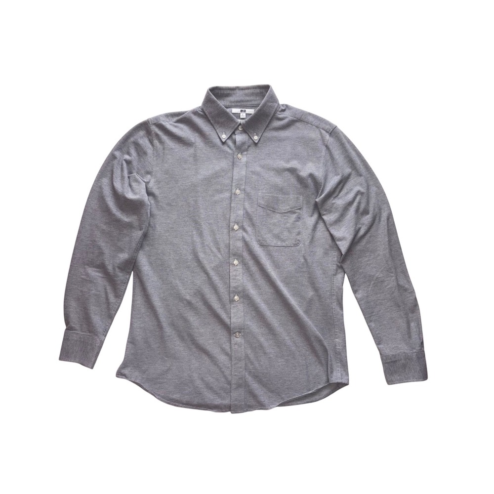 UNIQLO Oxford Shirt Mens L Gray Slim Fit Button Down Long Sleeve Pique Knit